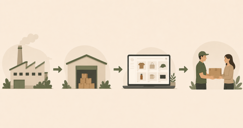 Ecommerce supply chain diagram showing factory, warehouse, online store, and customer