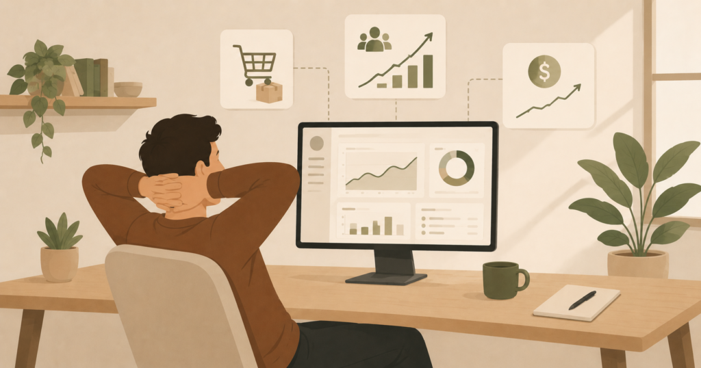 Ecommerce business owner calmly reviewing store performance dashboard on a screen