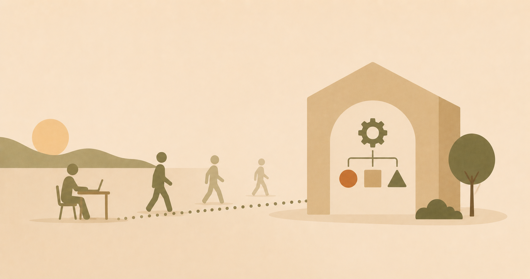 Abstract illustration of figures stepping back from a self-sustaining structure