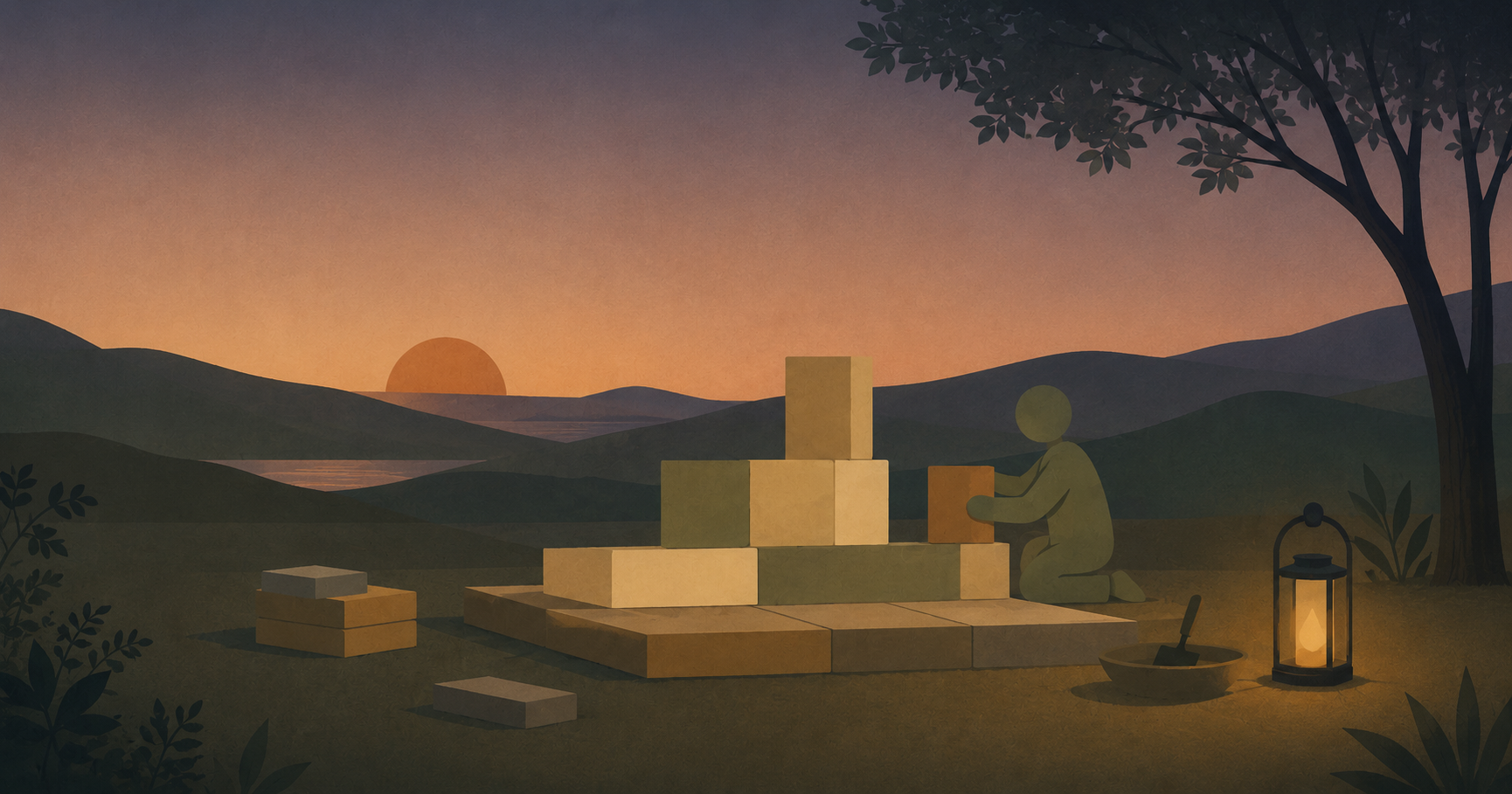 Abstract illustration of someone building a small structure during quiet evening hours