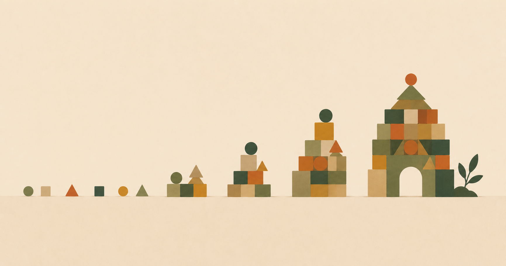 Abstract illustration of slow accumulation building into a larger structure over time