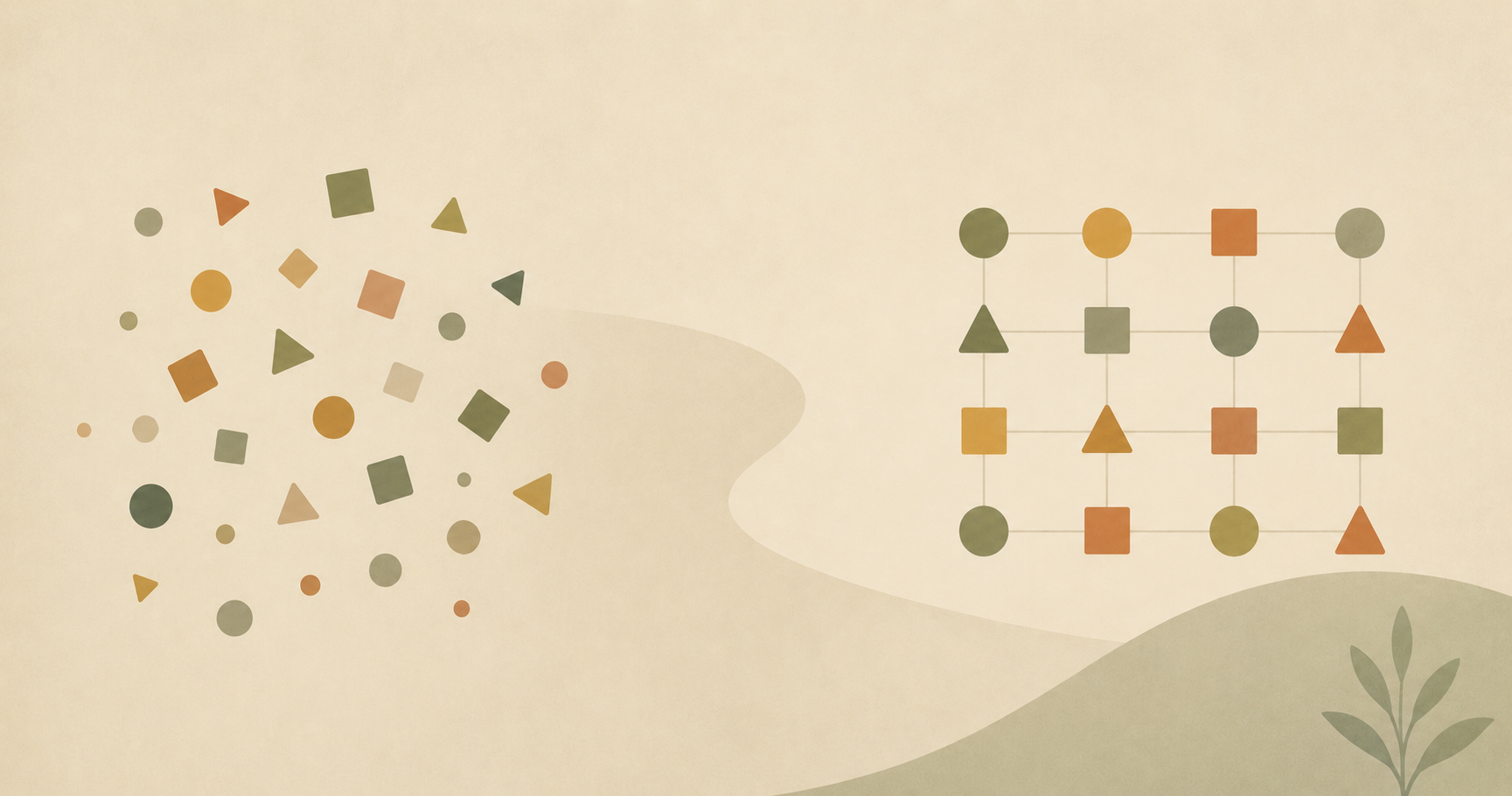 Abstract illustration contrasting scattered content with a structured system