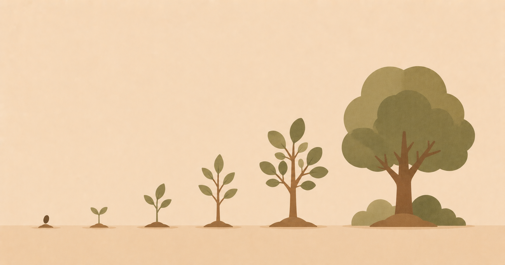 Abstract illustration of small growing shapes increasing in size from left to right, representing compounding growth