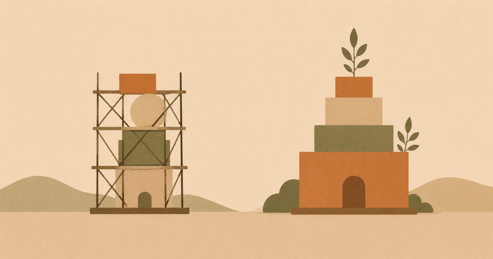 Abstract illustration contrasting a temporary structure with a solidly rooted one
