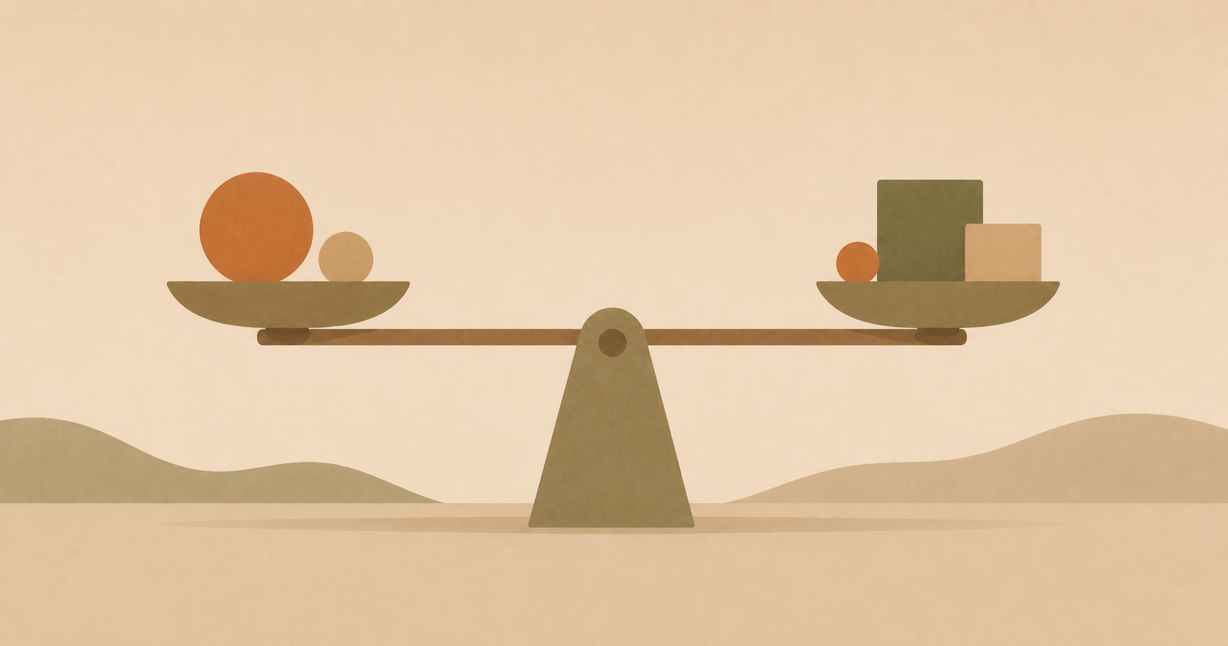 Abstract illustration of a balance scale weighing different shapes, representing careful evaluation